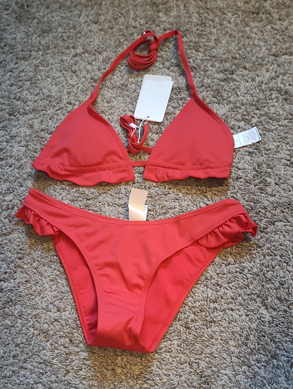 SHEIN Coral Pink Ruffle Triangle Bikini Set